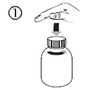 A finger presses down with an arrow indicating the screw cap of a medical vial next to the number one in a circle
