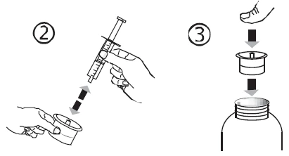 Medical diagram with two steps: a hand inserts the