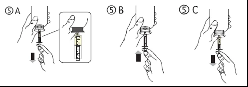 Three sequential diagrams showing hands manipulating a medical device with arrows indicating downward or inward movement