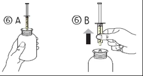 Two-phase diagram showing a hand inserting a needle into a vial and a hand withdrawing the syringe outward
