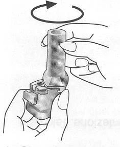 Two hands hold a cylindrical medical device while a curved arrow indicates a rotational movement toward the
