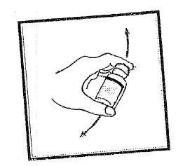 A hand holds a small glass vial and shakes it back and forth in the direction indicated by the curved arrows