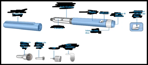 Technical diagram of a medical device with disassembled components including main body, graduated scale, display, dose selector, and caps