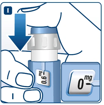 Medical illustration showing a blue arrow pointing downward over a blue injection device with a display indicating 0 mg