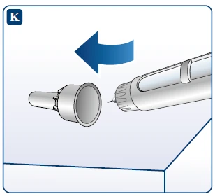 A blue arrow indicates the removal motion of a white protective cap from a pen-type medical device on a blue background