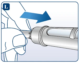 A hand holding a cylindrical medical device with a blue arrow indicating a rightward sliding motion