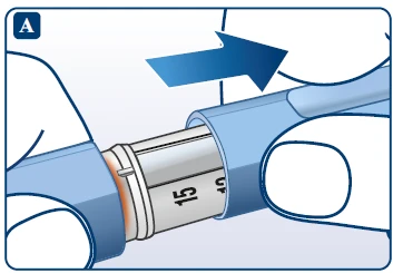 Two hands holding a blue and white cylindrical medical device with a blue arrow indicating the motion of removing the outer cap