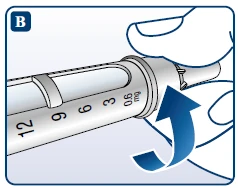 Fingers rotating the top part of a syringe to the right following a blue arrow to adjust the dosage indicated on the graduated scale