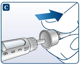 Medical illustration showing a syringe with a 0.6 mg dose being inserted into an application device via a blue arrow pointing to the right