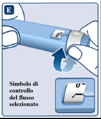 Two hands holding a blue medical device and rotating the end part with a blue arrow, showing the flow control symbol set to 0