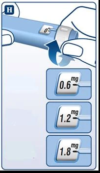 Two hands rotating the top part of a blue medical device next to three boxes showing dosages of 0.6 mg, 1.2 mg, and 1.8 mg