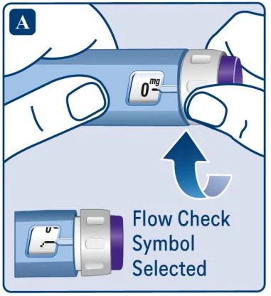 Dos manos sostienen un dispositivo médico azul con pantalla digital que marca 0 mg y una flecha curva indica el símbolo Flow Check seleccionado