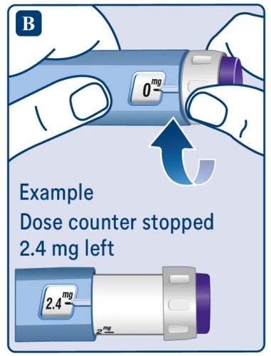 Manos que sostienen un dispositivo médico azul con un contador de dosis que indica 0 mg y un ejemplo inferior con 2,4 mg residuales