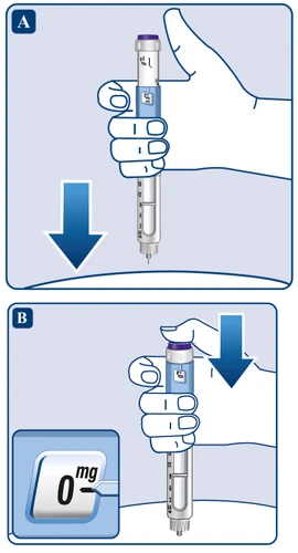 Ilustración médica dividida en dos partes que muestra una mano sosteniendo una pluma inyectora hacia abajo y la pantalla con dosis de 0 mg