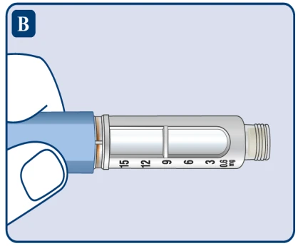 Ilustración médica de una jeringa horizontal con escala graduada en miligramos que muestra los valores 0,6, 3, 6, 9, 12 y 15 mg