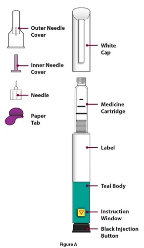 Diagrama médico con componentes de un inyector: cubiertas interna y externa de la aguja, aguja, lengüeta de papel, cartucho, etiqueta, cuerpo verde y botón negro