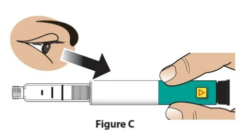 Ilustración de un ojo mirando hacia un dispositivo médico en forma de pluma sostenido por dos dedos sobre fondo blanco con el texto Figure C