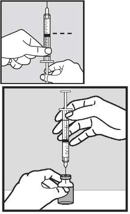 Dibujo en dos partes que muestra una mano sosteniendo una jeringa con un nivel de líquido y un
