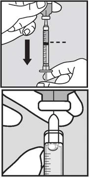 Dibujo técnico que muestra dos manos sosteniendo una jeringa para extraer el líquido y una flecha negra dirigida hacia abajo