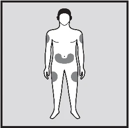 Diagrama de un cuerpo humano estilizado con zonas grises que indican áreas de aplicación en los hombros, en el