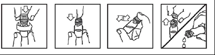 Sequence of four drawings showing how to press, rotate, and shake a vial to withdraw liquid with a syringe