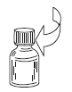 Schematic black and white drawing of a vial with a screw cap and a curved arrow indicating unscrewing movement to the left