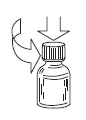 Schematic black and white drawing of a vial with two arrows indicating to press downward on the cap to open it
