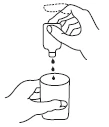 Line drawing of a hand pouring liquid drops from a small bottle into a container held by another hand