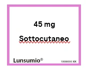 Texto sobre fondo blanco con borde morado que muestra la indicación 45 mg, Subcutáneo con subrayado rojo y el nombre Lunsumio en la parte inferior