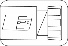 Black and white technical drawing of a medical device with a slider positioned at number 12 next to a graduated scale