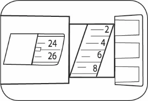 Black and white technical drawing showing three close-up details of a graduated scale with numbers 2, 4, 6, 8, 24, and 26 for dosage