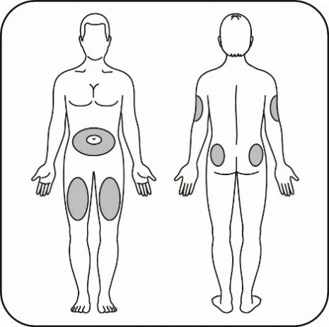 Schematic drawing of a human body shown front and back with gray areas indicating application sites on the body