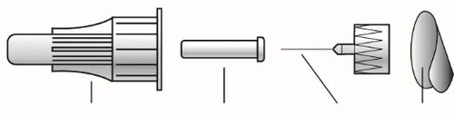 Technical diagram showing separated components of a medical device including a main body, cylinder, and tip with guide lines