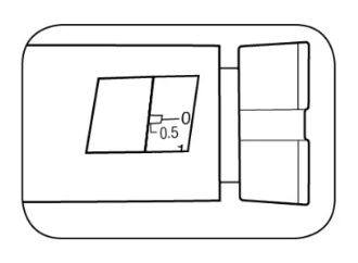 Technical drawing of a medical device with a viewing window showing a graduated scale with values 0, 0.5, and 1
