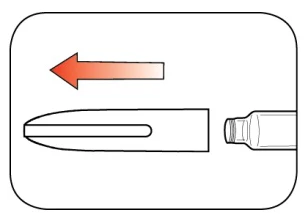 Red arrow pointing left above a drawing of a needle and the top of a medicine vial in a white box