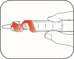 A hand holding a syringe while two curved red arrows indicate rotational movement to unscrew or screw the upper cap