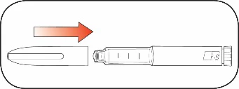 Diagram with a red arrow indicating the movement of placing a protective cap onto the tip of a medical injection pen