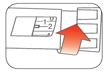 Technical drawing of a medical device with a counter numbered from 1 to 2 and a red arrow indicating movement to the right