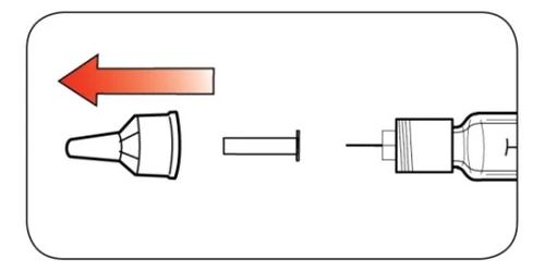 Diagram showing a red arrow pointing left indicating sliding movement of a cap away from the device