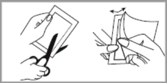 Dibujo lineal que muestra dos manos cortando un recipiente rectangular con tijeras y luego separando las dos mitades del mismo recipiente