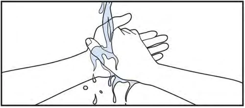 Dibujo lineal de dos manos que se lavan bajo un chorro de