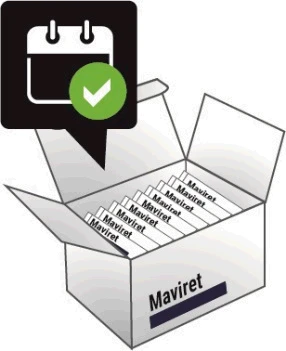 Відкрита коробка, що містить кілька упаковок Maviret з однією