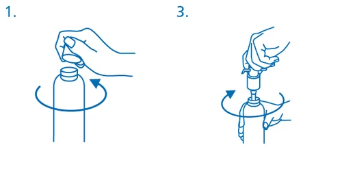 Technical blue drawing showing two steps: a hand unscrewing a cap and a hand rotating a device over a medical vial