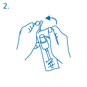 Blue line drawing of two hands opening a single-dose medication package, with a curved arrow indicating the opening movement
