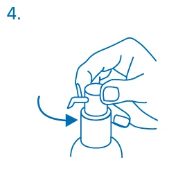 Blue line drawing showing two hands rotating the top part of a medical device to the left, indicated by a curved arrow