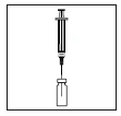 Black and white technical drawing of a syringe with needle pointing downward to aspirate liquid from a medical vial below
