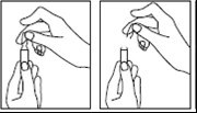 Two line drawings show hands holding a small vial to open it or manipulate its cap with fingers