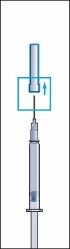 Technical diagram of a syringe with a needle and a protective cap being removed upward