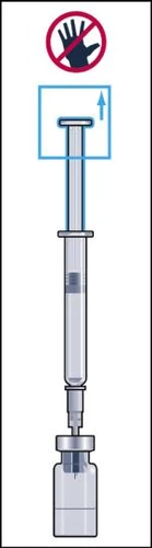 Prohibition symbol with an open hand above a syringe with a withdrawn plunger inserted into a glass vial