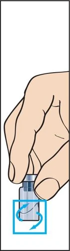 A hand holds a small glass vial and rotates it following the circular motion indicated by blue arrows